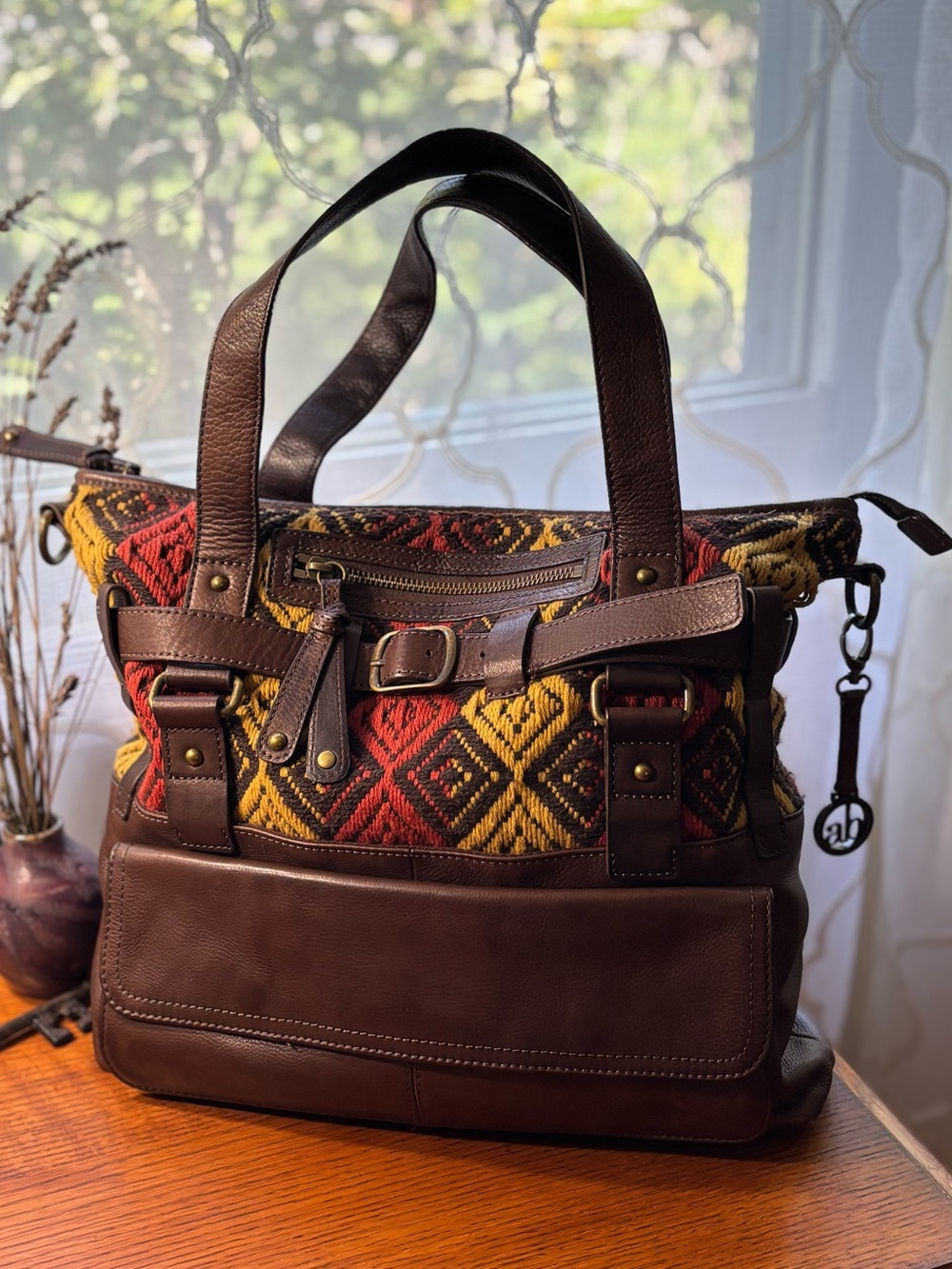 AUDREY BROOKE leather and textile CHUNKY retro CARPET BAG shoulder bag